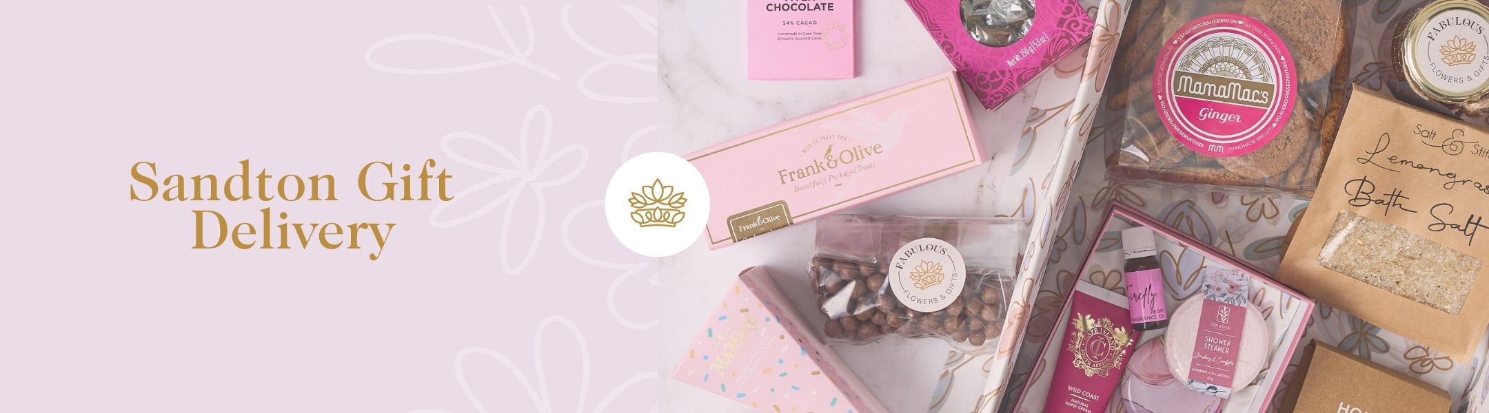 Sandton Gift Delivery with assorted luxury treats, including bath salts, ginger biscuits, and chocolates - Fabulous Flowers and Gifts.