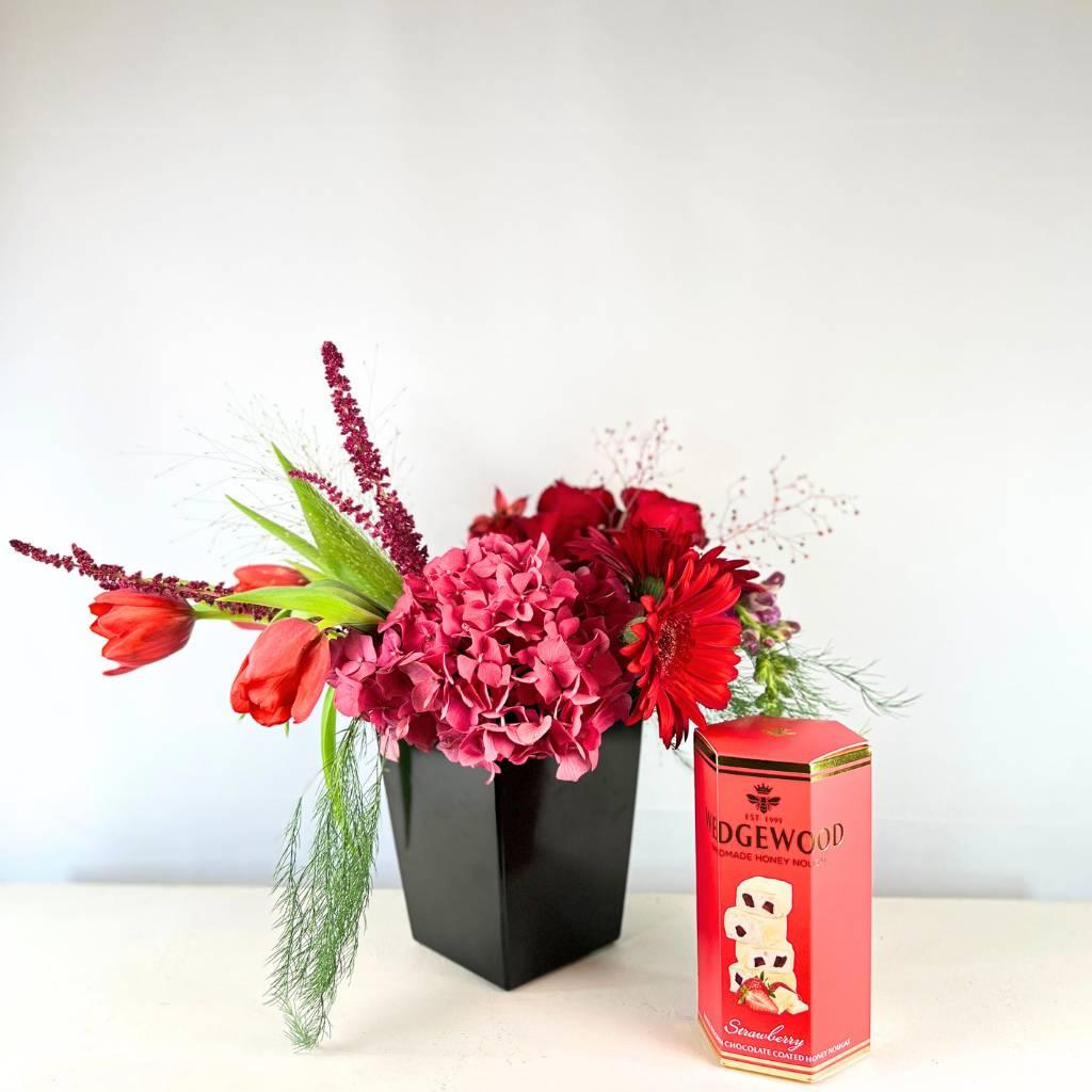 Scarlet hydrangeas and red gerbera ensemble by Fabulous Flowers and Gifts