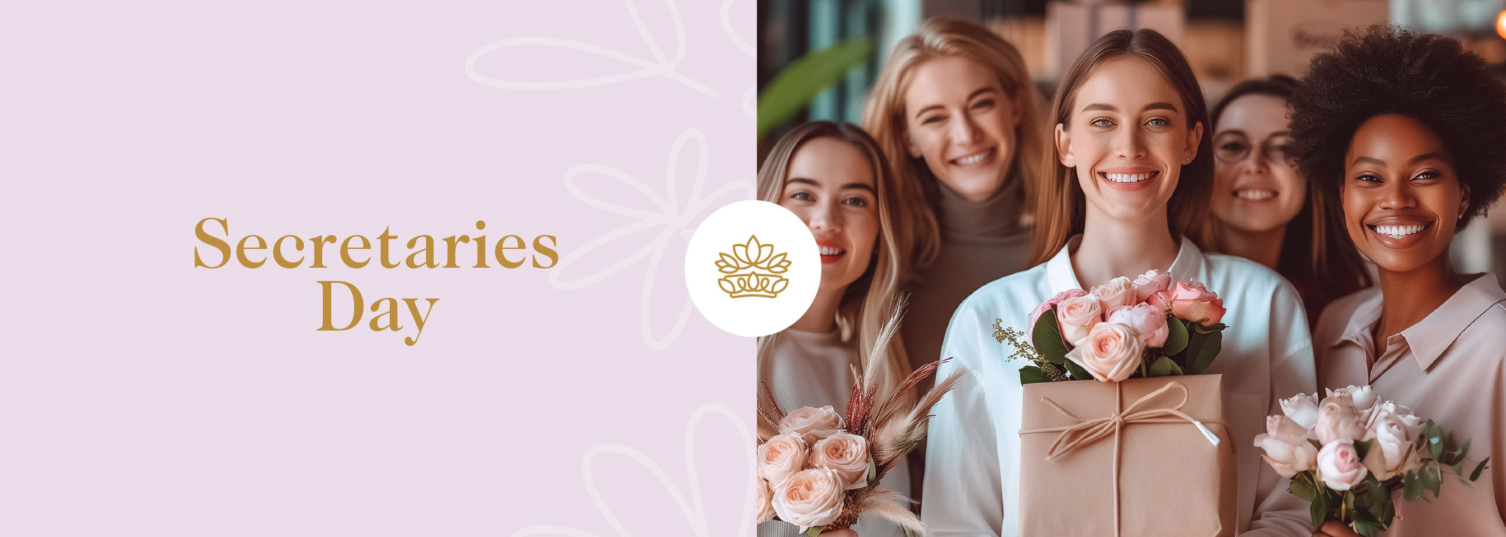 A cheerful group celebrating Secretaries Day with elegant bouquets and thoughtful gifts, a moment of appreciation and joy, enhancing the workplace with Fabulous Flowers and Gifts.