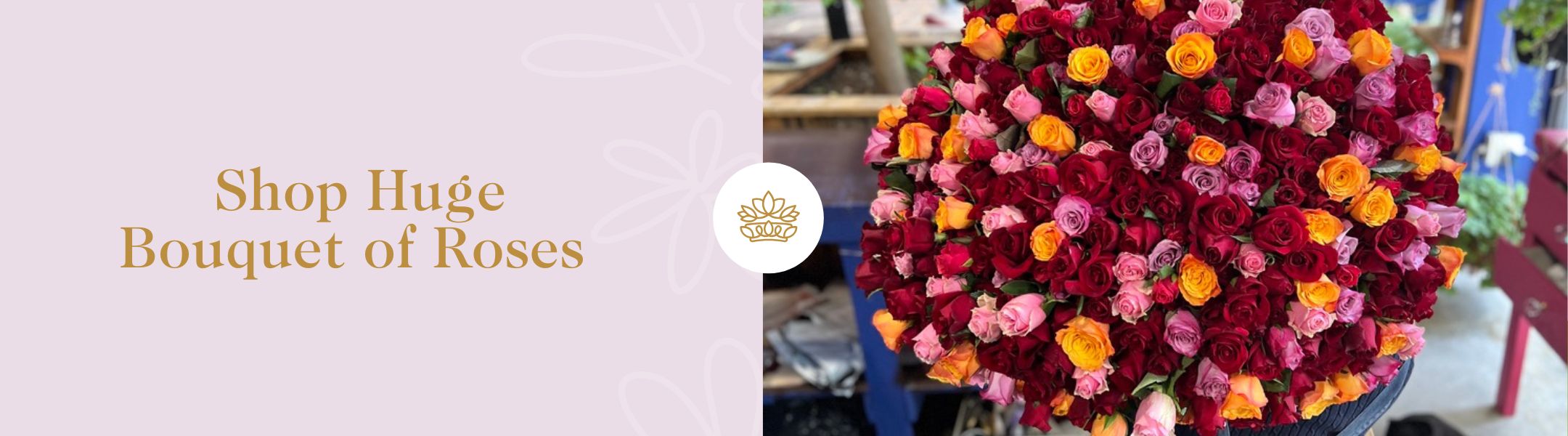 Shop Huge Bouquet of Roses - Fabulous Flowers and Gifts with red, pink, orange and yellow roses arranged in a massive round bouquet.