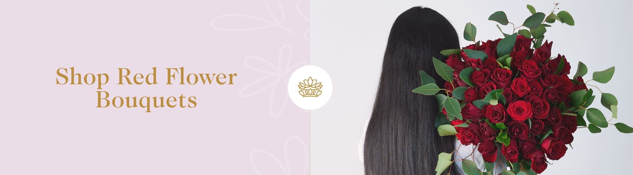 Shop Red Flower Bouquets featuring a stunning bunch of deep red roses with greenery, held by a woman with long dark hair – Fabulous Flowers