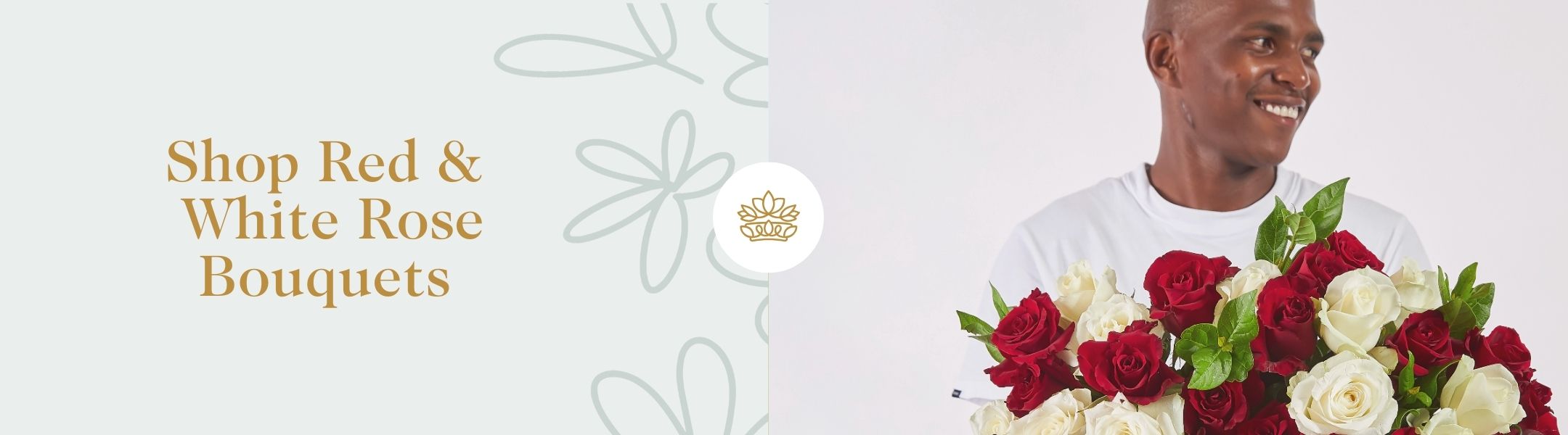 Shop Red & White Rose Bouquets featuring a smiling man holding elegant red and white roses with lush greenery – Fabulous Flowers & Gifts