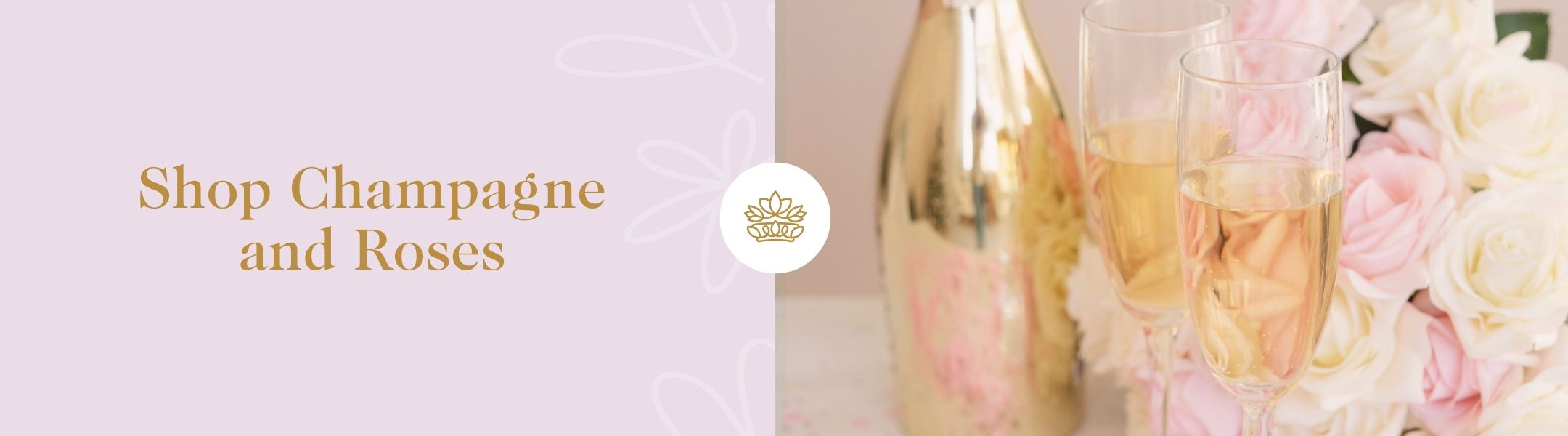 Shop Champagne and Roses - Fabulous Flowers and Gifts with gold champagne bottle, two glasses, and pink and white roses.