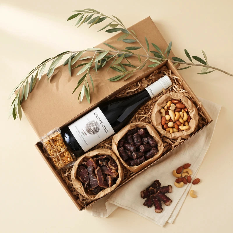 Open Simply Scrumptious gift box for him in flat-lay with Leeuwenkuil Shiraz 2016, biltong, droëwors, mixed nuts and peanut brittle, Fabulous Flowers and Gifts