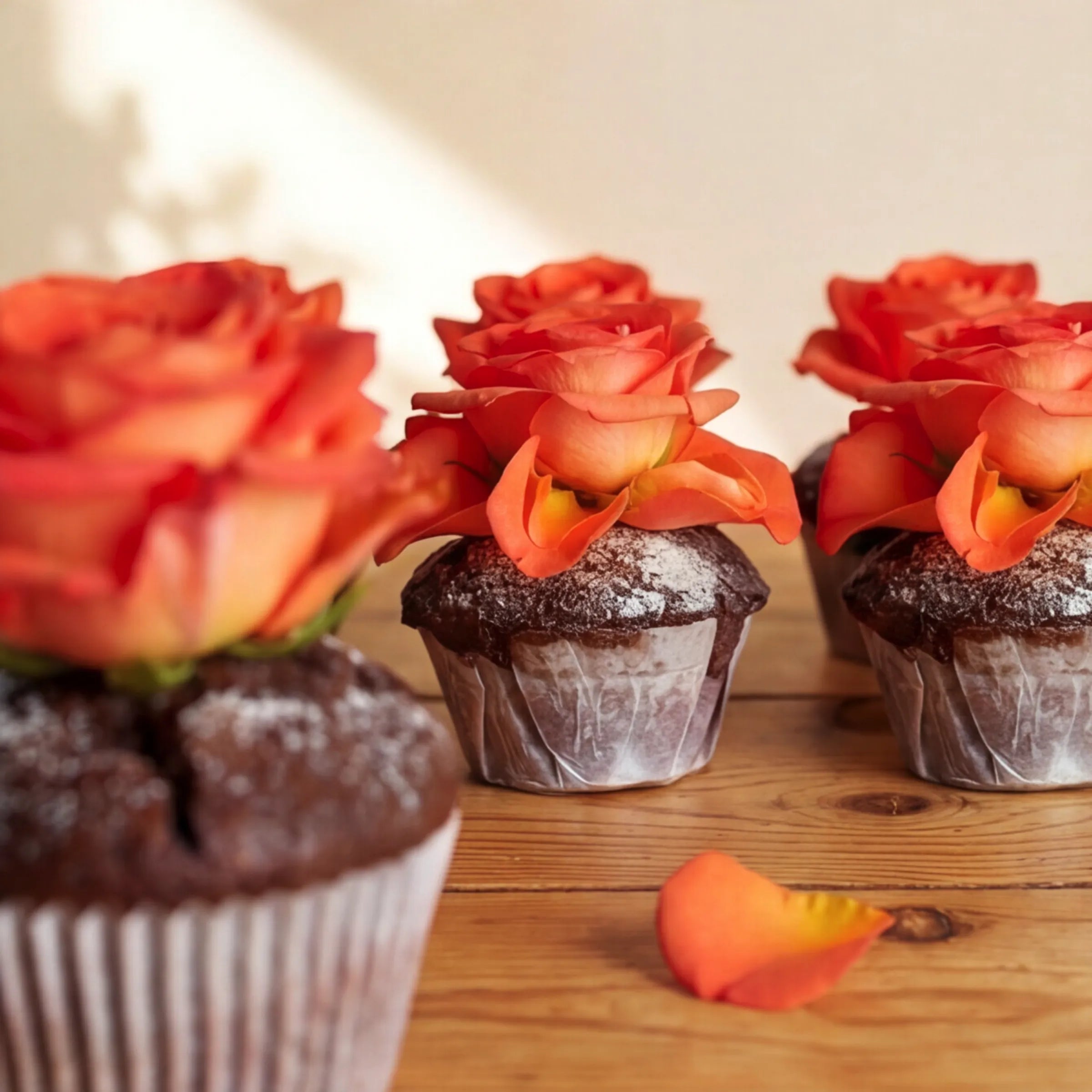 Half dozen Fabulous Flowers chocolate cupcakes in front view with tall orange and coral rose blooms on each, hand-baked fresh in the Claremont studio bakery