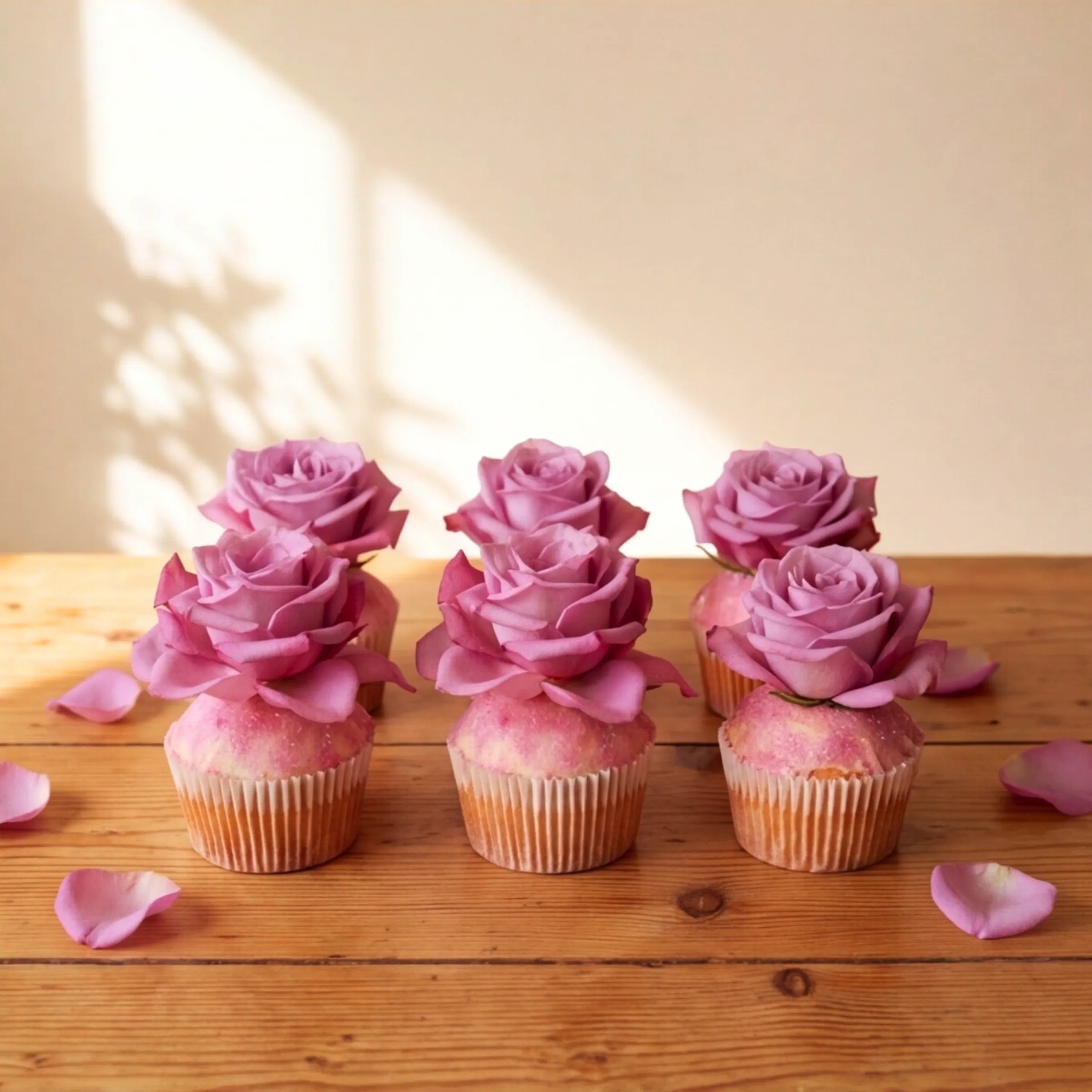 Half dozen Fabulous Flowers vanilla cupcakes lined up in front view with tall lavender-pink rose blooms on each, fresh from the Cape Town studio bakery