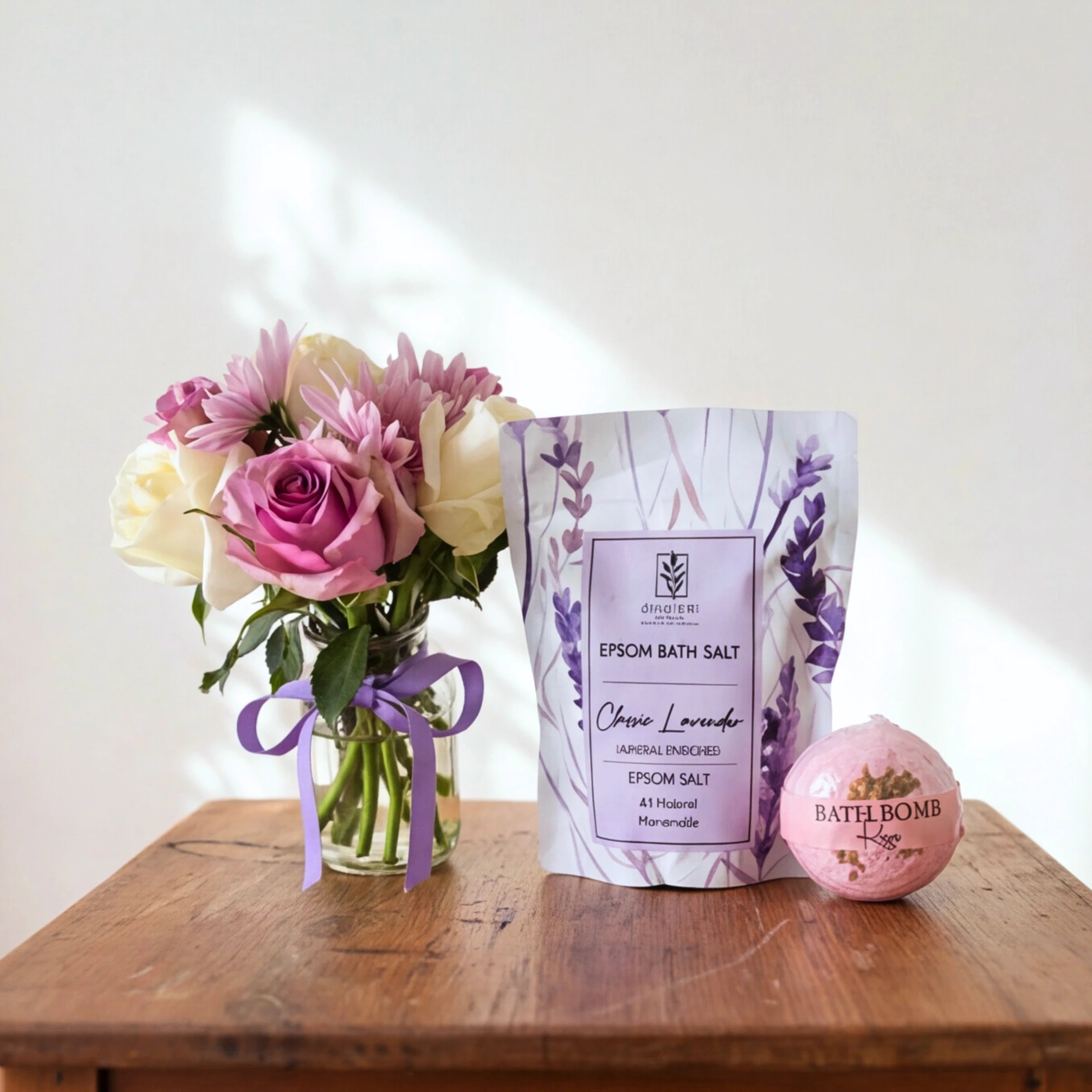 Soak & Soothe bath bomb gift set: a pink and lilac rose posy, lavender Epsom salts and a rose bath bomb