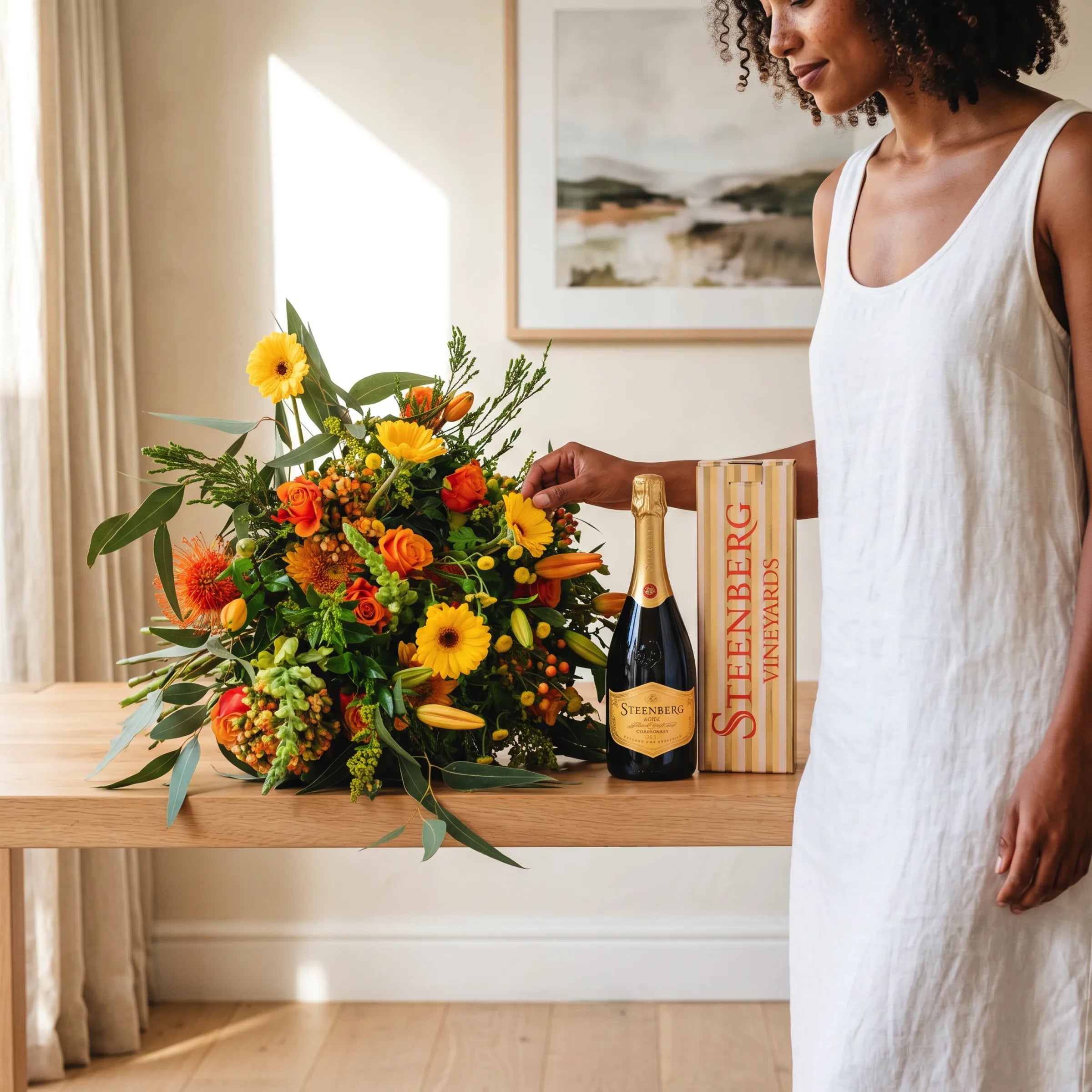 Woman in a white linen dress styling the Sparkling Orange Bouquet on a light oak console table with a Steenberg 1682 Chardonnay MCC bottle, vibrant orange roses, yellow gerberas, pincushion proteas and lush green foliage, Fabulous Flowers South Africa flower and wine pairing