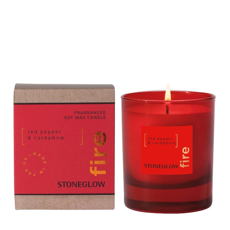 Red Stoneglow candle with packaging on a white background