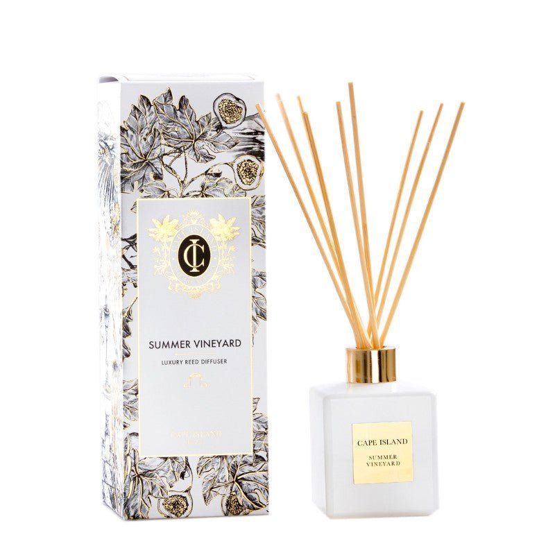 Cape Island Summer Vineyard diffuser with packaging on a white background