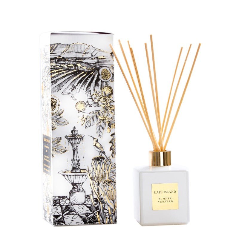 Cape Island diffuser with decorative packaging on a white background