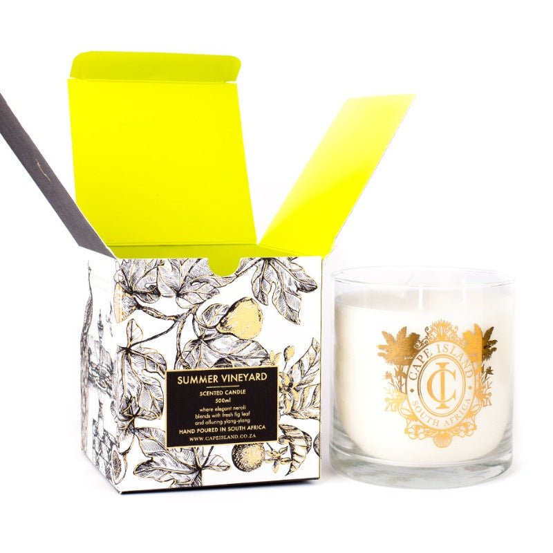 Candle with a decorative box labeled 'Summer Vineyard' on a white background