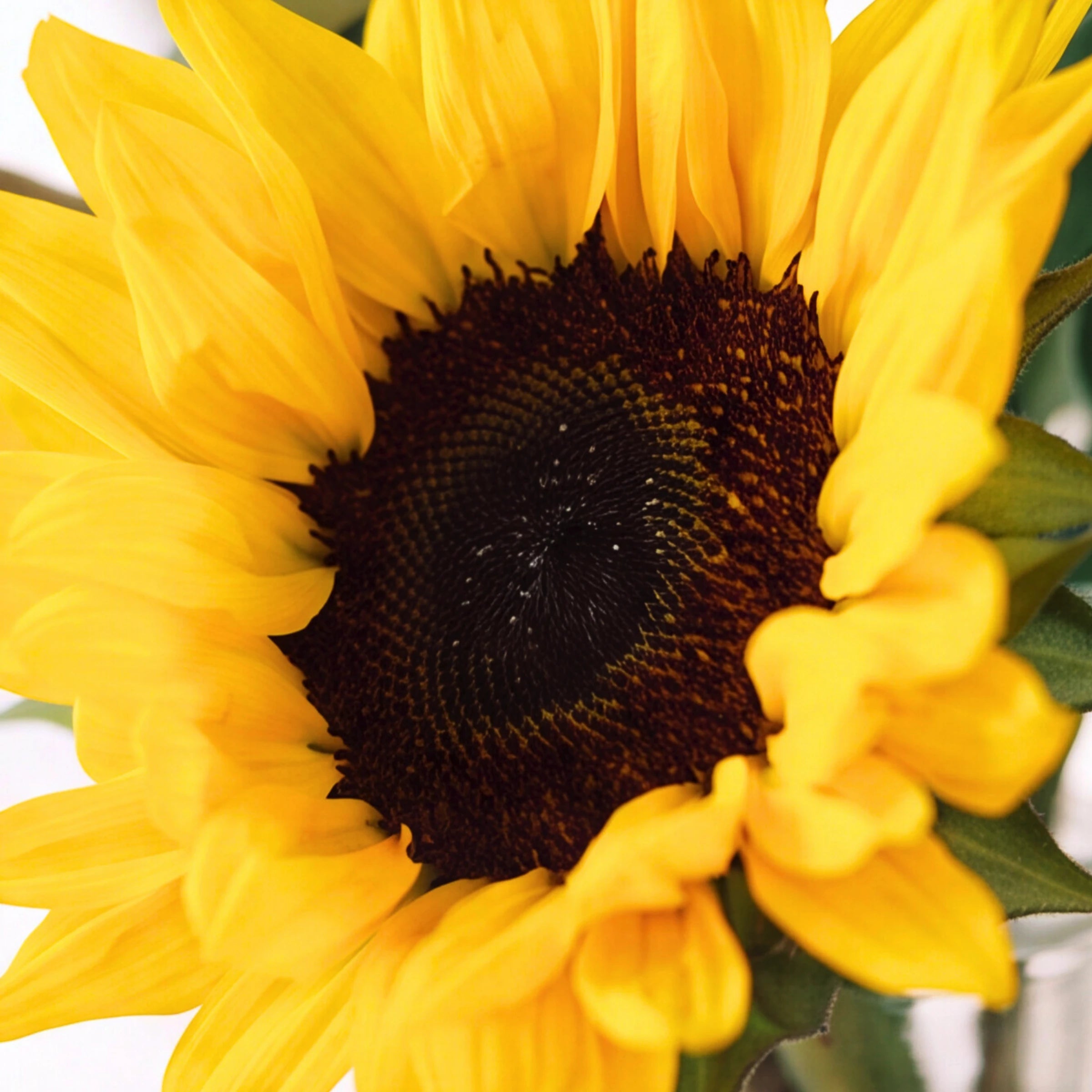 A close-up of a bright yellow sunflower with a dark brown to black center, filling most of the frame.