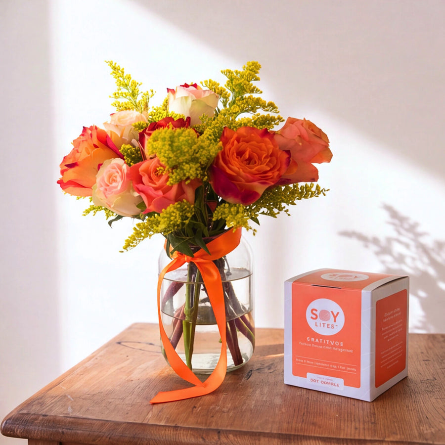 Sunlit Gratitude orange and blush roses beside the boxed Soy Lites Gratitude candle