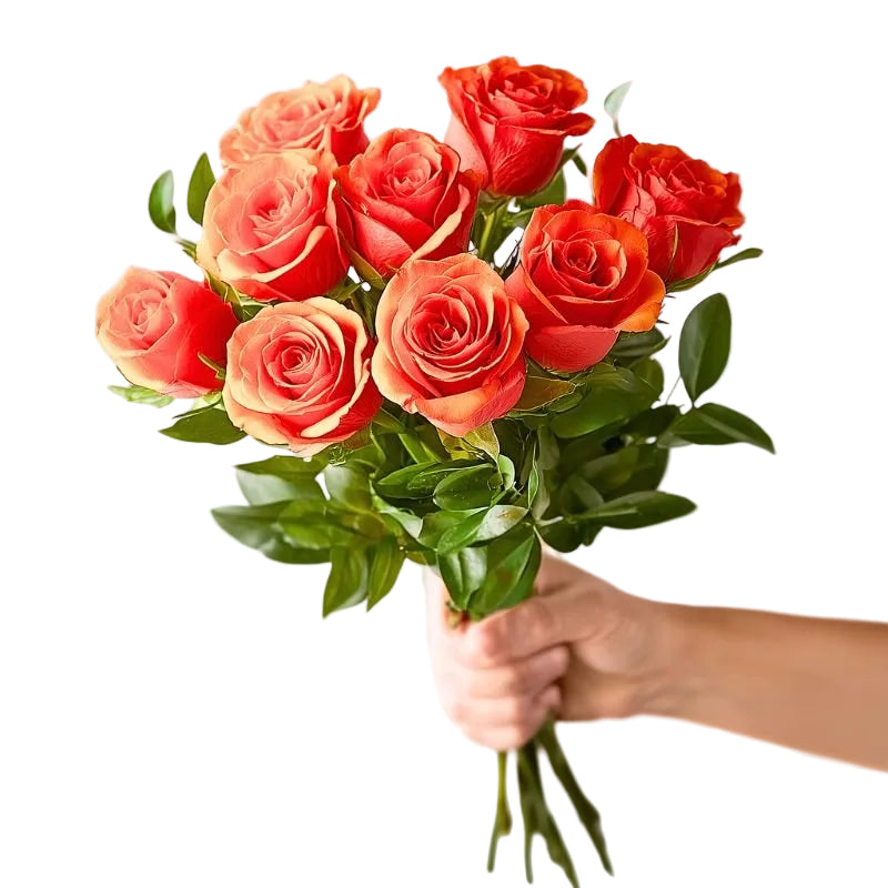 10 orange roses bouquet with lush greenery, held in hand — Fabulous Flowers & Gifts, Cape Town.