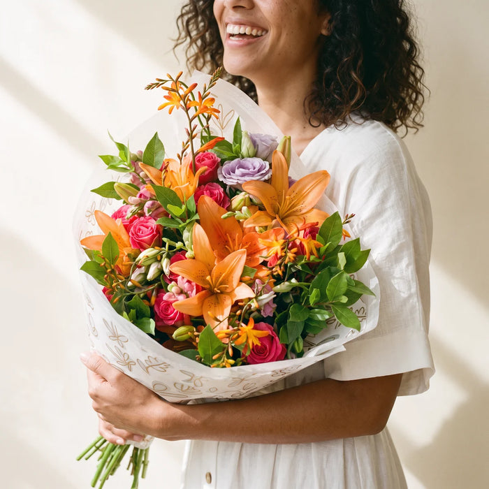 Woman with curly dark hair in a white dress laughing as she holds an orange lily and cerise rose bouquet beside her cheek, Fabulous Flowers South Africa