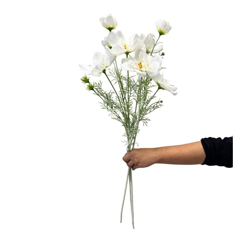 Hand holding a bouquet of white flowers against a white background