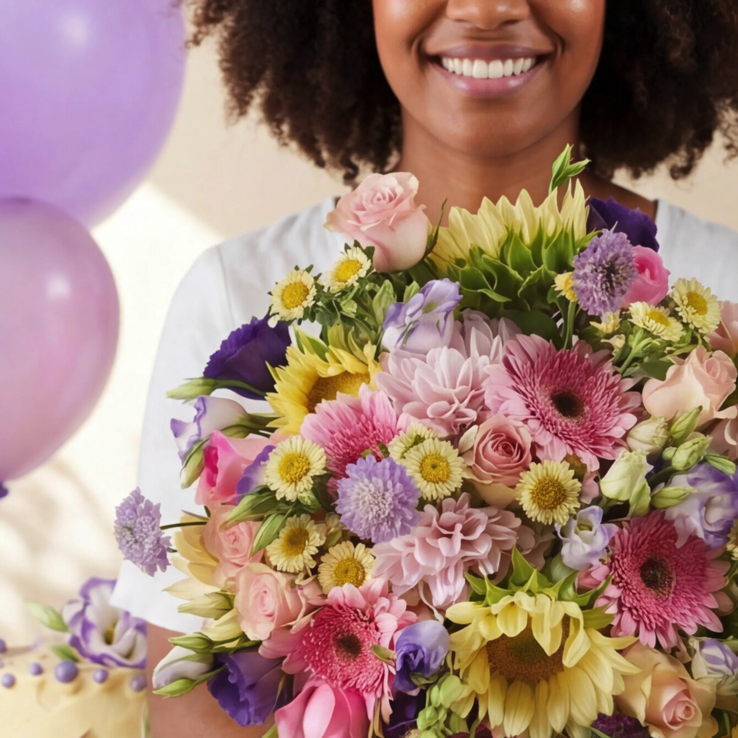 Bright mixed bouquet of pink gerberas, yellow sunflowers and purple lisianthus from Sweet Celebration set