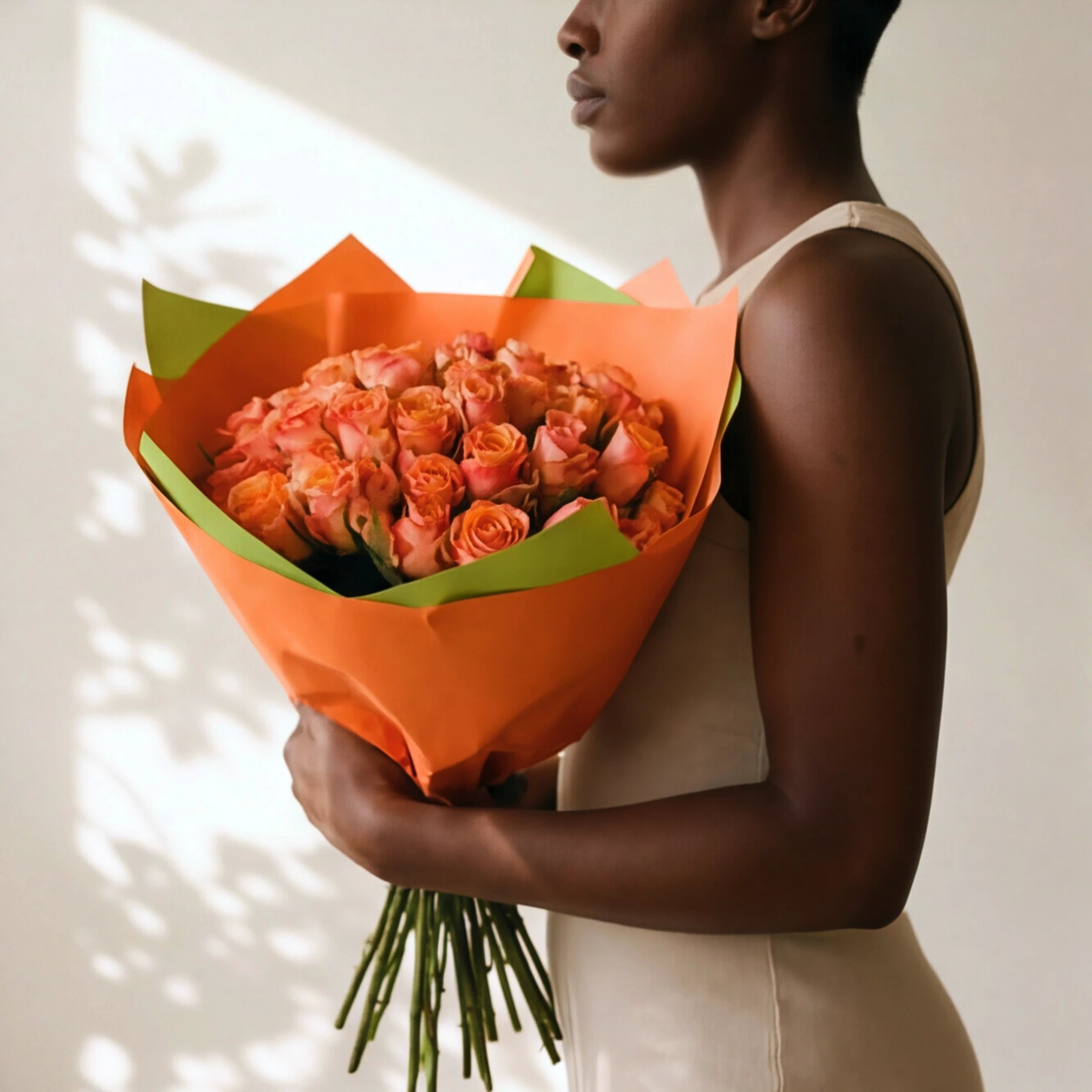 Woman holding the Tangelo orange rose bouquet, coppery orange roses wrapped in orange and lime green paper.