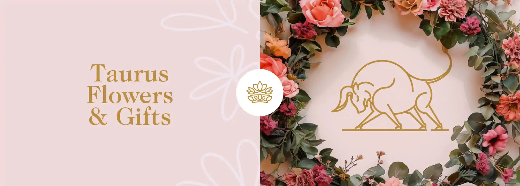 A floral wreath with a Taurus symbol in the centre, surrounded by vibrant flowers. Fabulous Flowers and Gifts - Taurus Flowers & Gifts