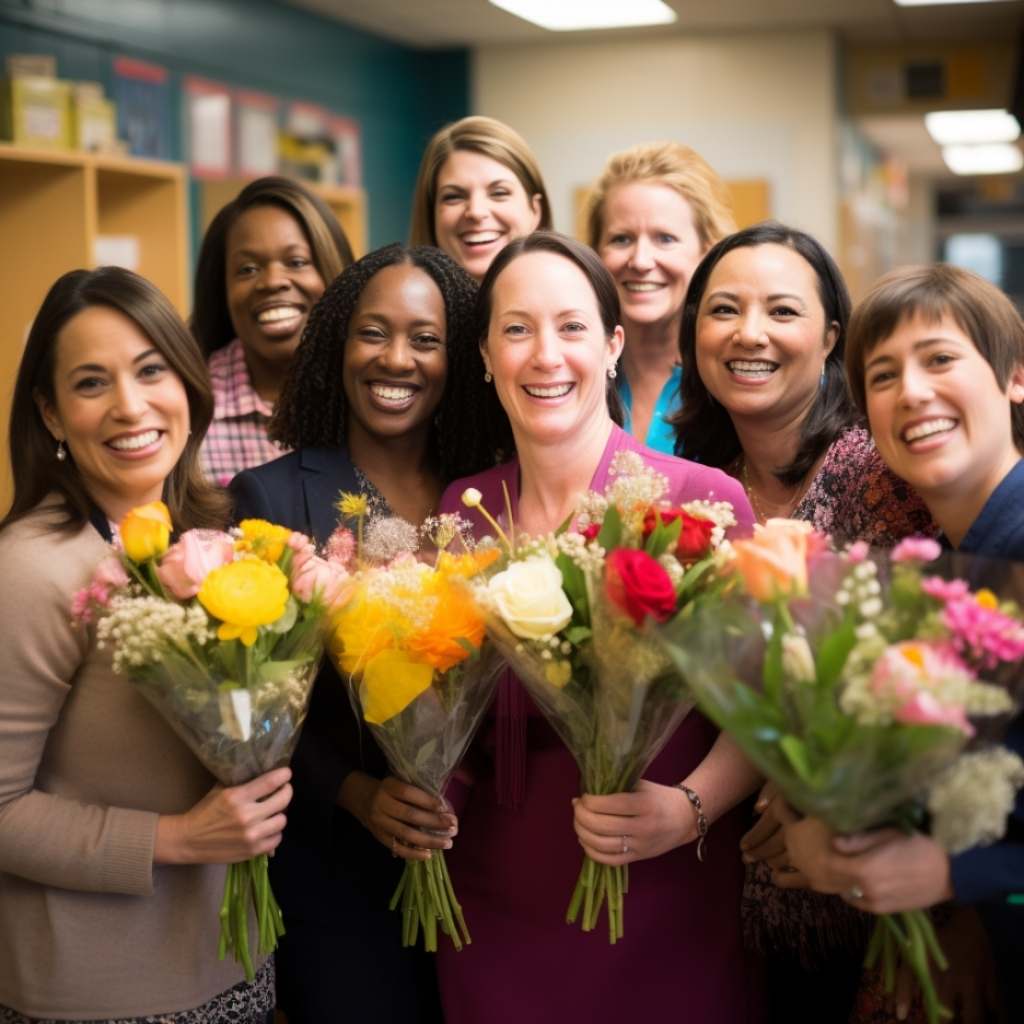 Group of smiling teachers holding fabulous flower bouquets - Fabulous Flowers and Gifts