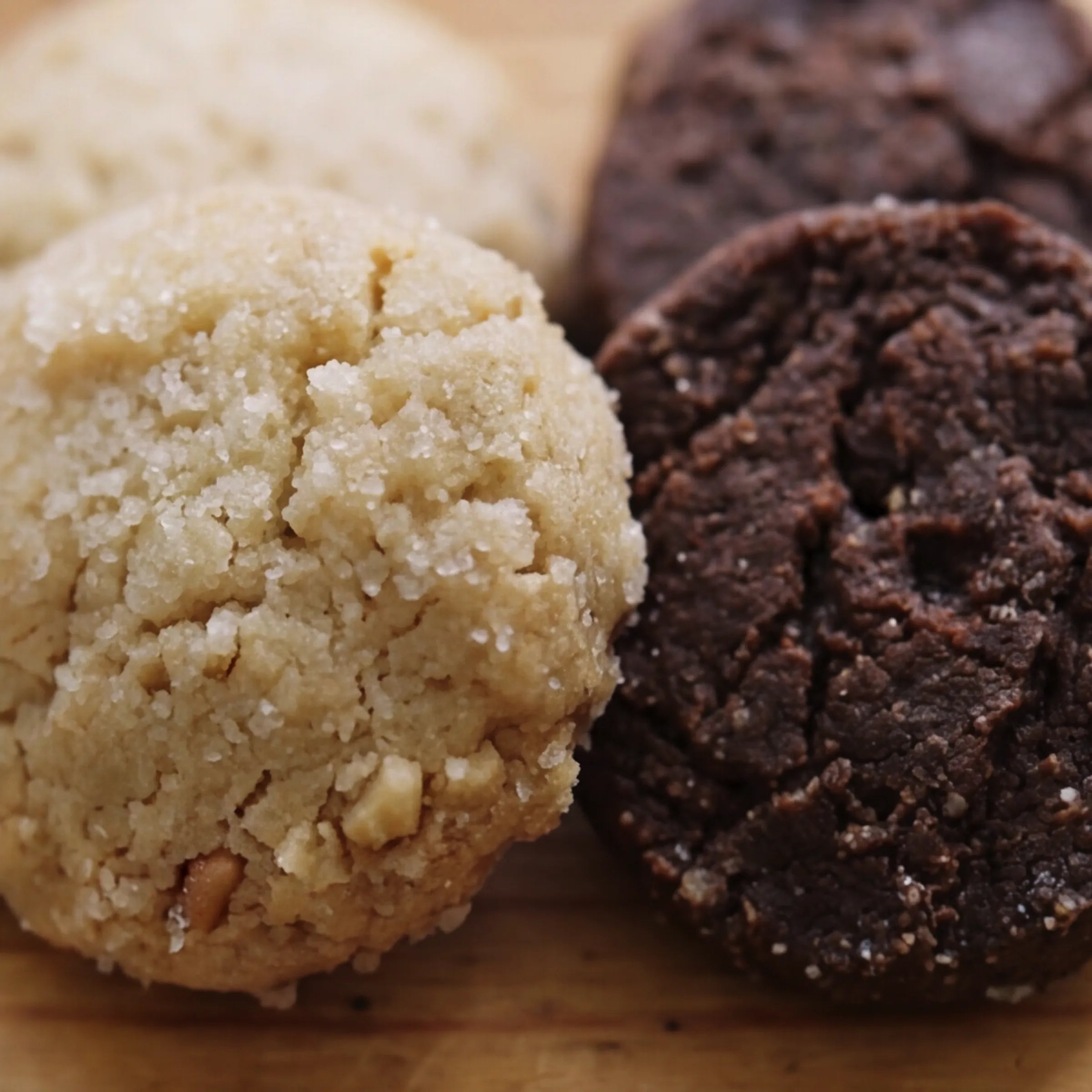 Macro close-up of a Nutball Biscuit and Chocolate Biscuit from The Best Biscuits gift box by Fabulous Flowers
