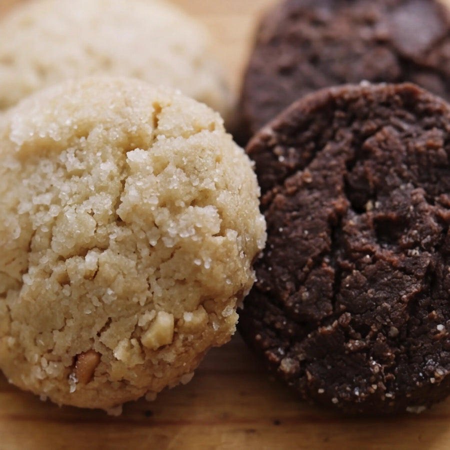 Macro close-up of a Nutball Biscuit and Chocolate Biscuit from The Best Biscuits gift box by Fabulous Flowers