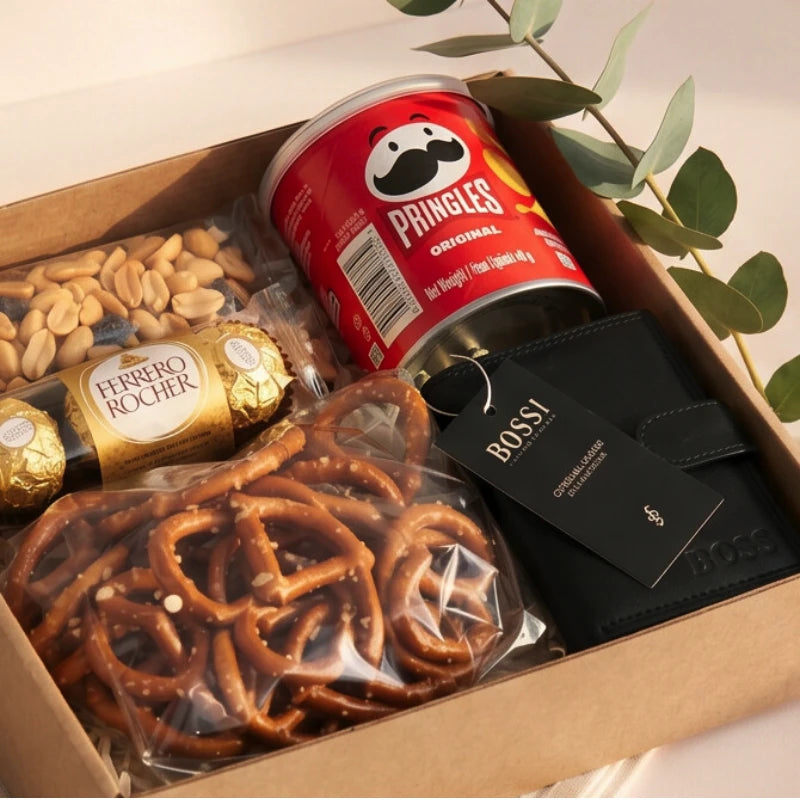 Bossi black leather wallet, Pringles Original, Ferrero Rocher and salted snacks from The Boss's Box for him, Fabulous Flowers and Gifts