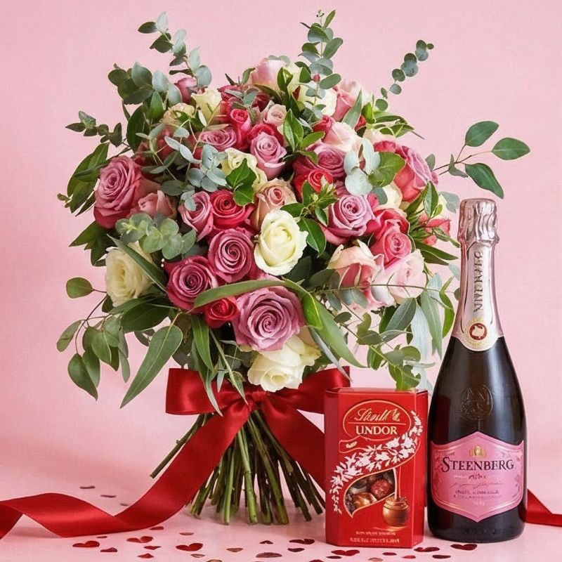 Bouquet of pink and white roses with a box of Lindt chocolate and a bottle of Steenbergs champagne on a pink background.