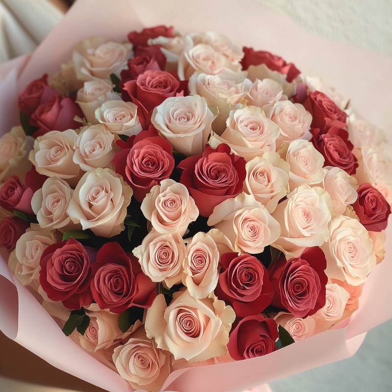 The Language of Love bouquet featuring a romantic mix of blush pink and deep red roses wrapped in light pink paper, close-up view.