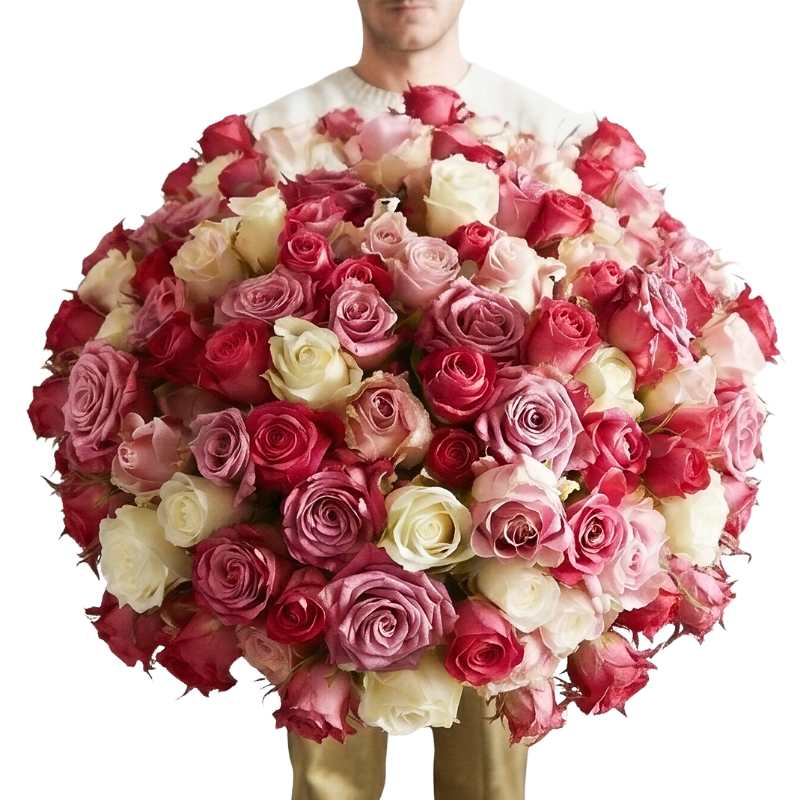 Man holding an oversized bouquet of pink, blush and ivory roses on a white background