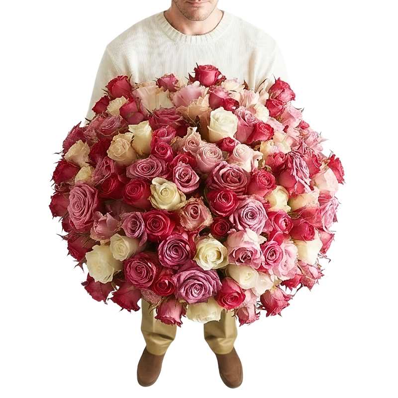 Large mixed pink and cream rose bouquet held in front of a man, studio white backdrop