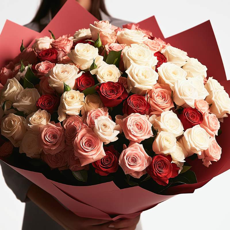 A stunning bouquet of 500 red, cerise, pink, and white roses titled "One and Only," showcasing a big bouquet of flowers wrapped in vibrant red paper.