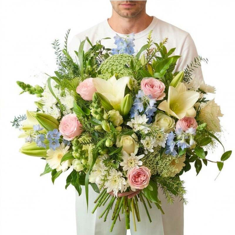 Person holding a large bouquet of flowers with a white background