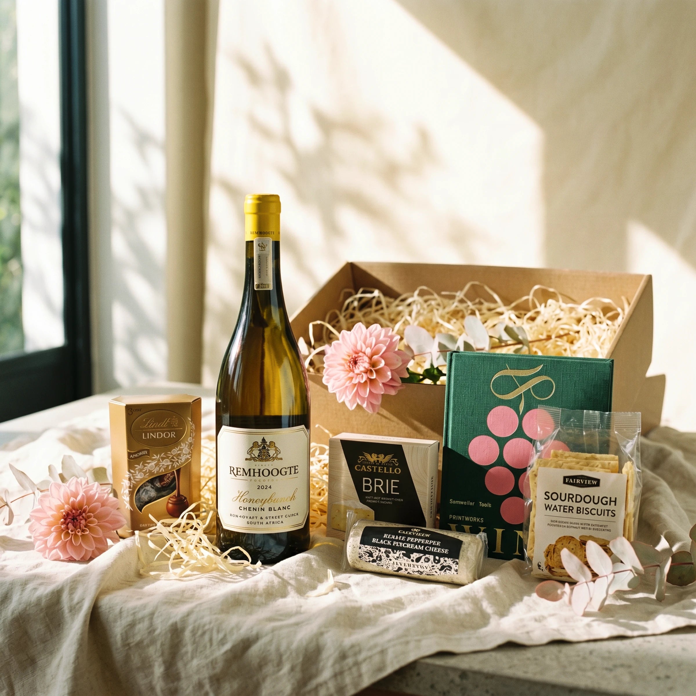 The Sommelier's Hamper from Fabulous Flowers South Africa, styled with Remhoogte 2024 Honeybunch Chenin Blanc, Lindt Lindor, Castello Brie, Fairview cracked black pepper cream cheese, Fairview sourdough water biscuits and a hardcover sommelier wine book in an eco-friendly kraft gift box
