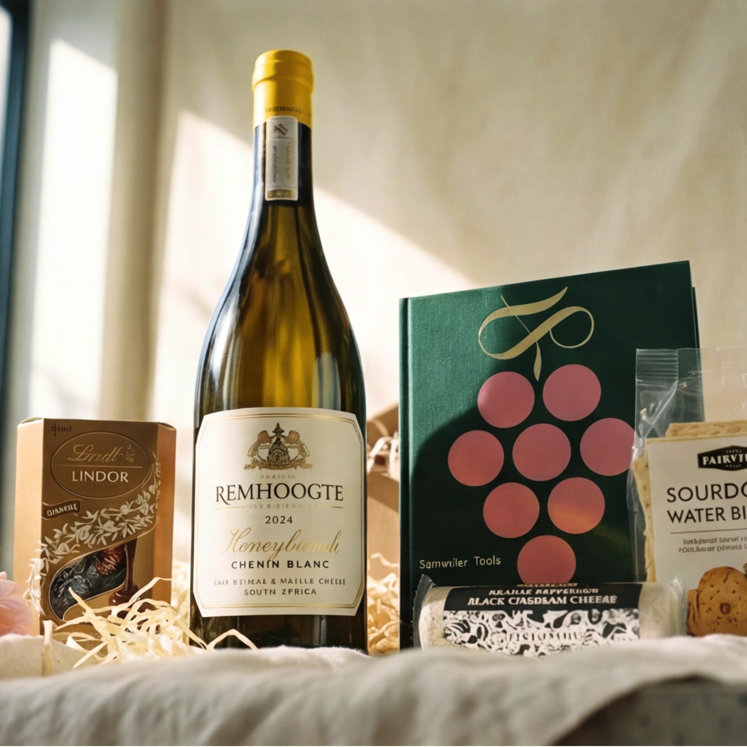 Close-up of The Sommelier's Hamper by Fabulous Flowers South Africa, featuring Remhoogte 2024 Honeybunch Chenin Blanc, Lindt Lindor chocolates, Fairview cracked black pepper cream cheese log, sourdough water biscuits and a hardcover wine appreciation book, a luxury wine and cheese hamper for nationwide delivery
