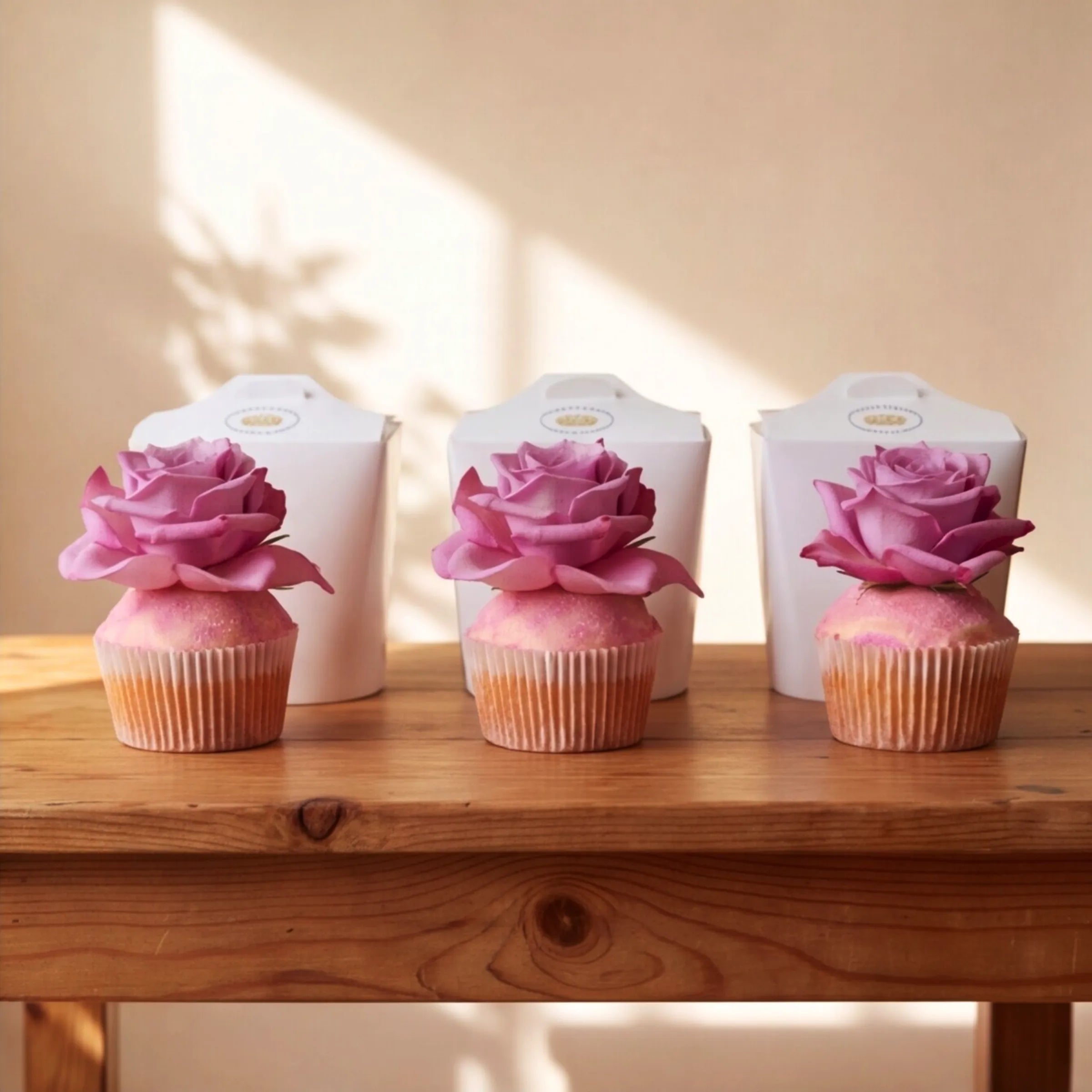 Three Fabulous Flowers vanilla cupcakes displayed in a row with their individual white branded gift boxes behind them, Cape Town same-day cupcake add-on