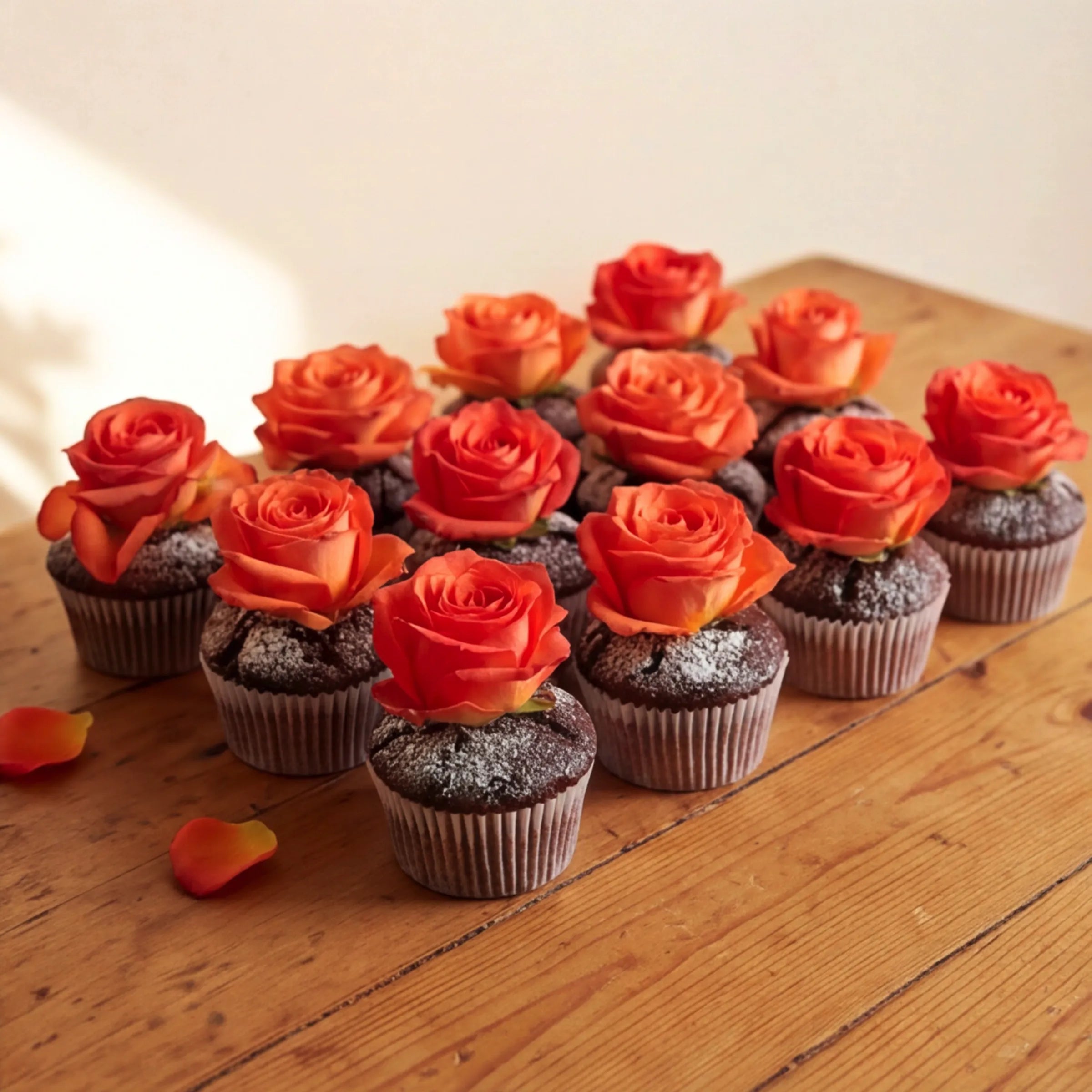 Front-angle tablescape of a dozen Fabulous Flowers chocolate cupcakes with orange rose blooms and icing-sugar finish, presented as a unified dessert centrepiece for events