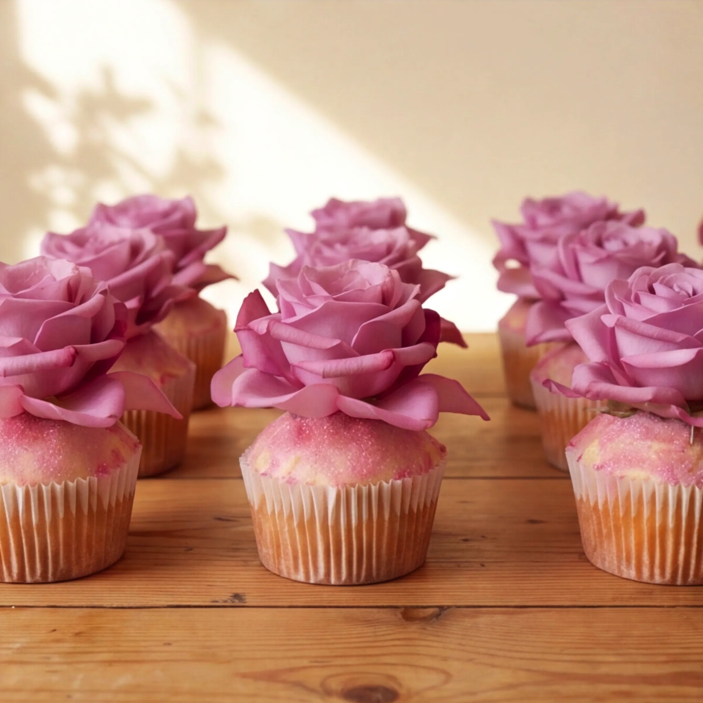 A dozen vanilla cupcakes lined up on a rustic wooden table, each topped with a lavender-pink rose and pink edible glitter, Fabulous Flowers Cape Town corporate and event add-on