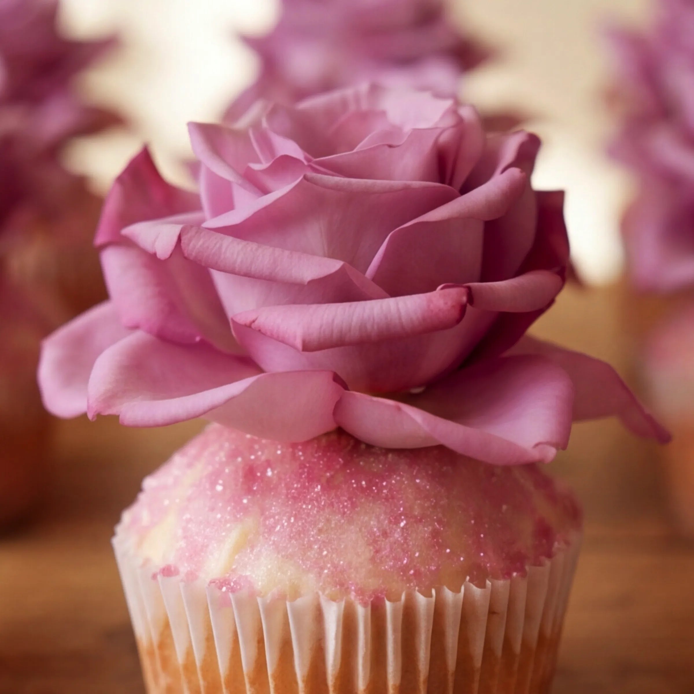 Close-up of a single rose-topped vanilla cupcake from the Twelve Vanilla Cupcakes set, lavender-pink rose petals layered above pink edible glitter buttercream