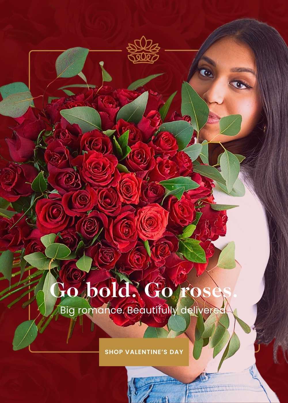 Woman holding a large bouquet of red roses with a promotional message on a red background