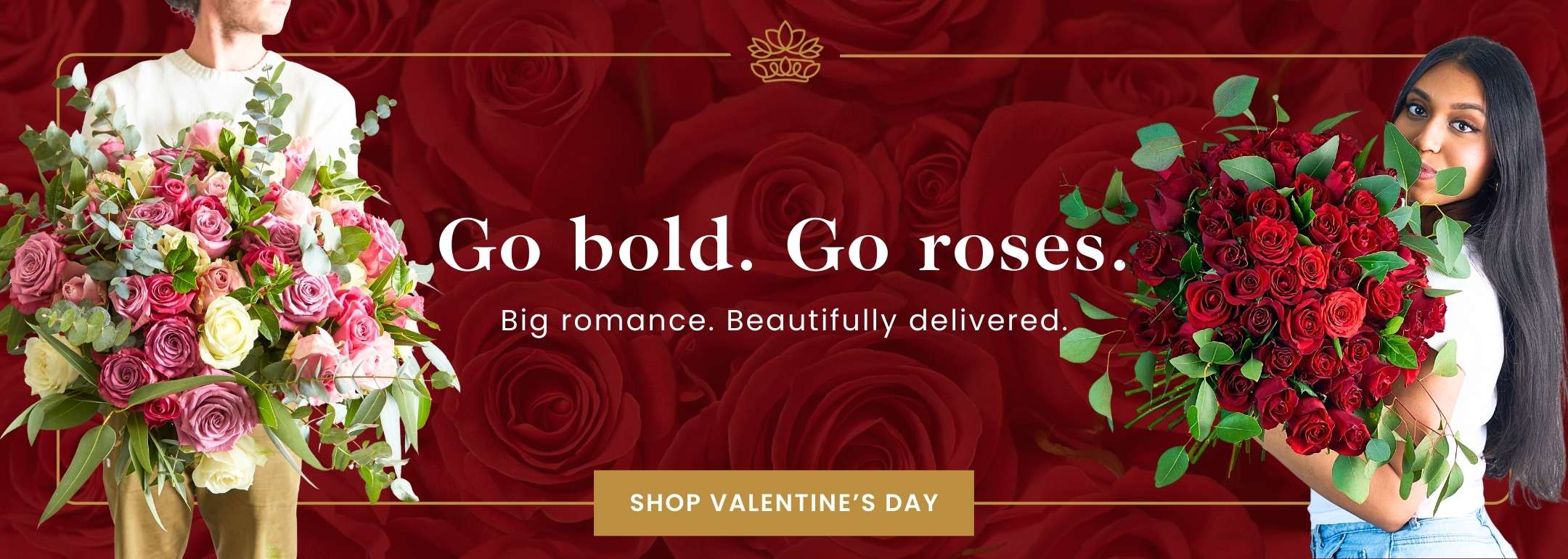 Two people holding bouquets of roses with a red rose pattern and promotional text on a dark red background.