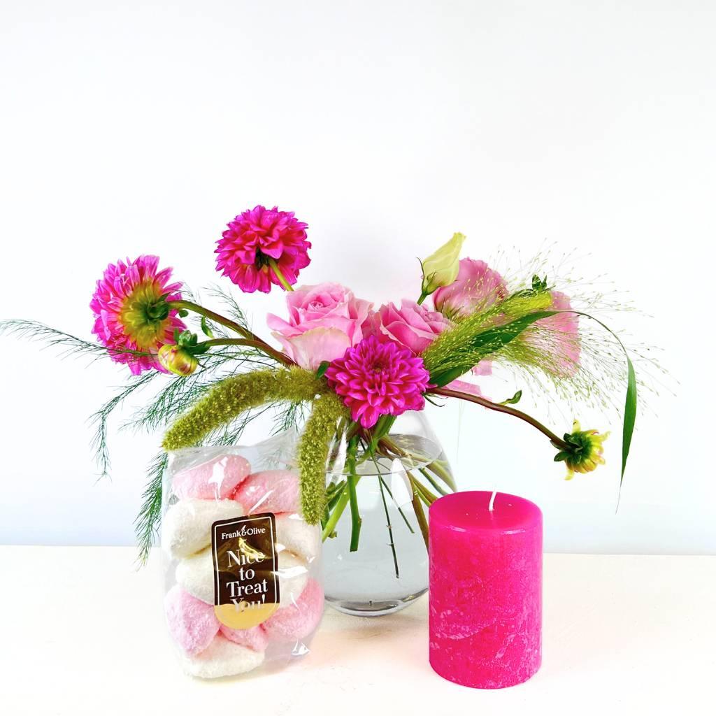 Serene Dahlia and Rose Arrangement by Fabulous Flowers with Marshmallows and Candle - Fabulous Flowers and Gifts