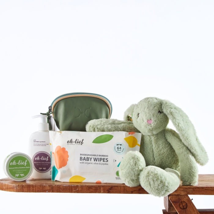 Biodegradable baby wipes, plush bunny, and baby care essentials in a Whispering Willow Baby Set from Fabulous Flowers & Gifts.