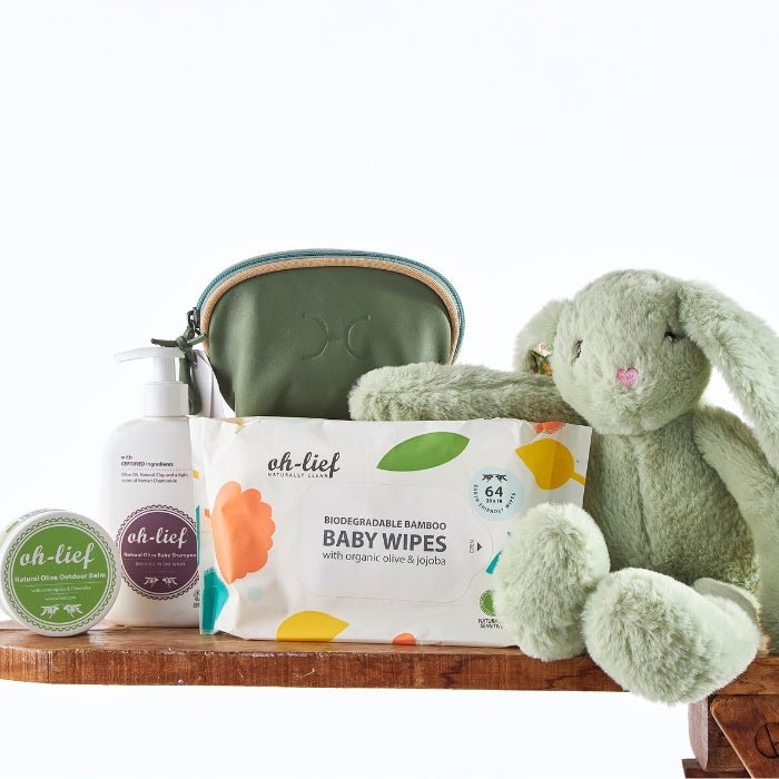 Complete baby care set featuring organic wipes, plush bunny, and skincare in the Whispering Willow Baby Set from Fabulous Flowers & Gifts.