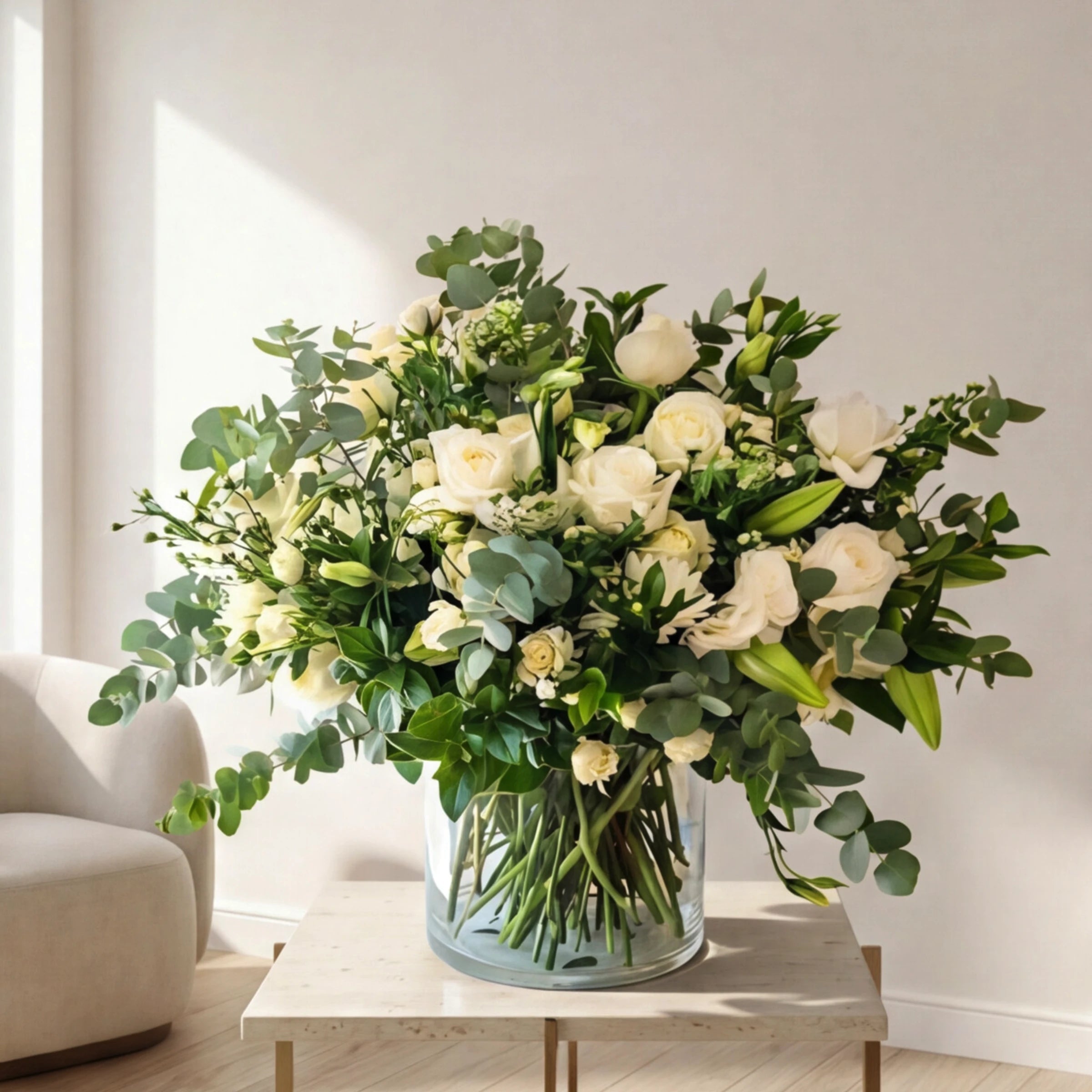 White Purity Vase Arrangement on a cream marble coffee table with white roses, white lisianthus, white stargazer lily buds, penny gum and mixed greenery in a clear glass vase, Fabulous Flowers Cape Town