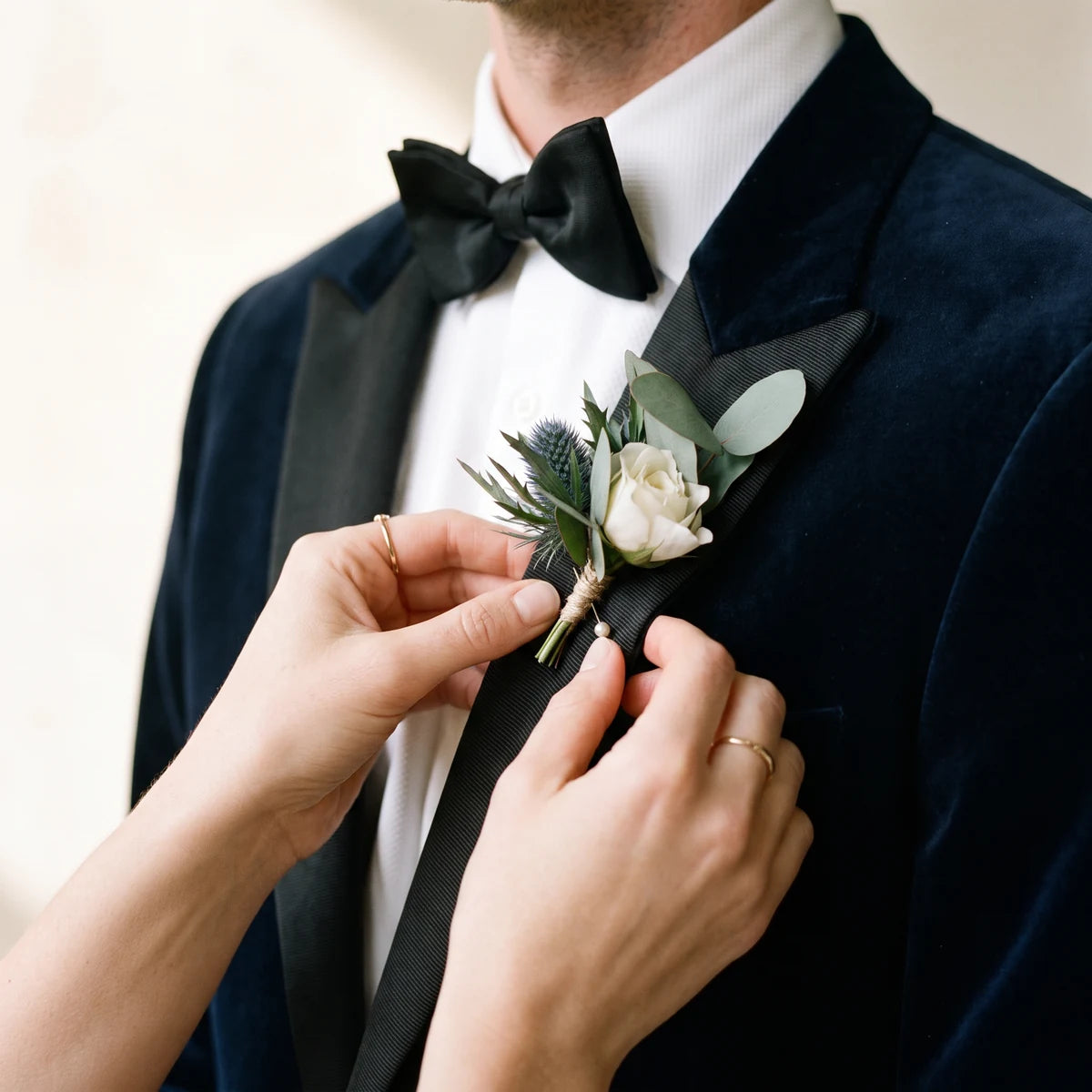 Hands pinning a white rose and blue thistle boutonniere to a velvet jacket, Fabulous Flowers South Africa