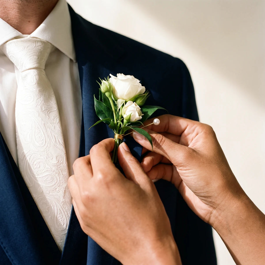 Hands pinning a white rose boutonniere onto a navy suit lapel, Fabulous Flowers South Africa
