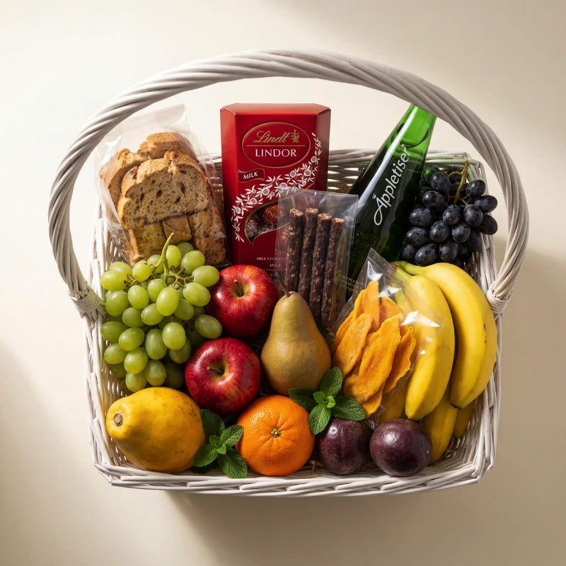 Overhead view of Wholesome Wishes fresh fruit basket with green grapes, red grapes, red apples, pear, orange, lemon, passion fruit, bananas, banana bread, biltong, dried mango, Lindt Lindor and Appletiser