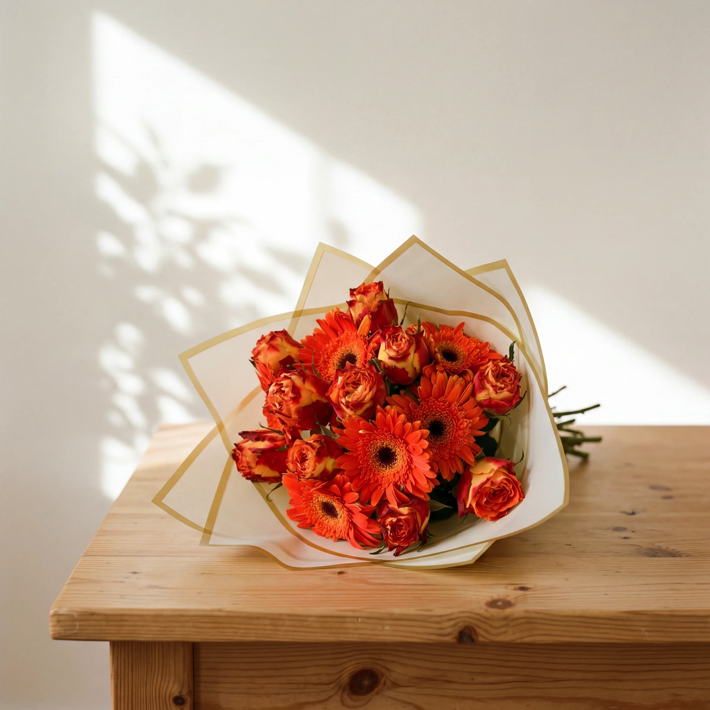 The Wildfire bouquet of orange gerberas and flame roses resting on a wooden table, Fabulous Flowers Cape Town